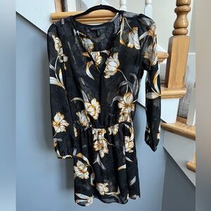 White House Black Market Black & Gold Sheer Mini Floral Dress with Slip Under